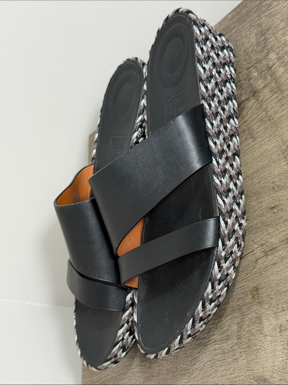 Fitflop Women's Black Leather Slide Sandals with Braided Multi-Color Platform